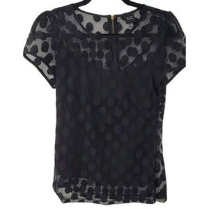 Black Saks Fifth Avenue Blouse Womens Size 6 Sheer Polka Dot Short Sleeve Work